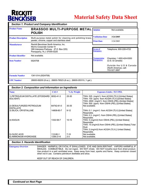 Brasso safety data sheet uk